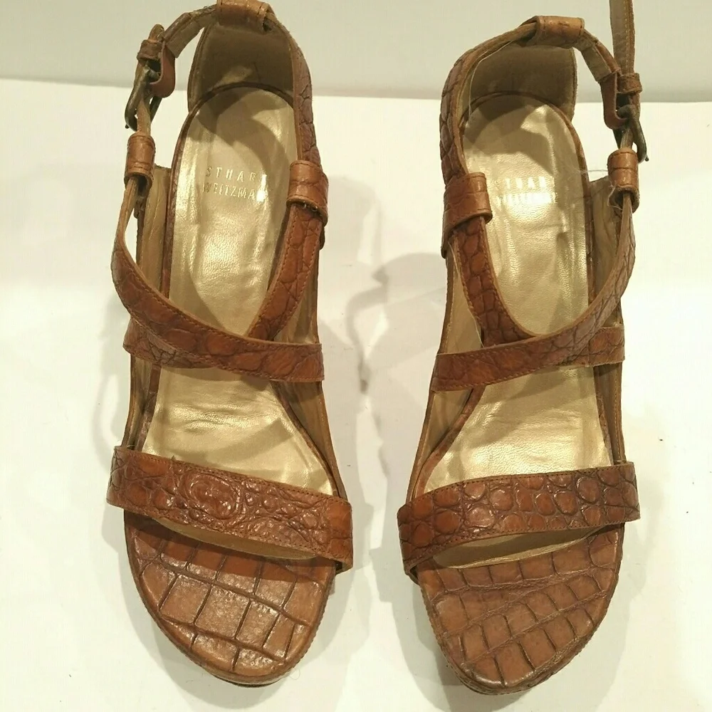 Stuart Weitzman Women's Strappy Heel Croco Tan 7